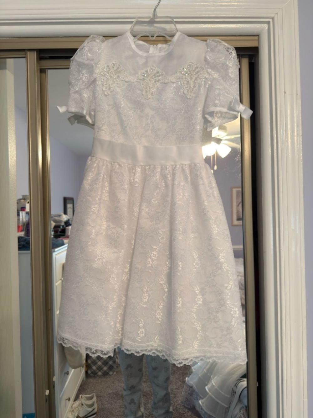 White Lace Communion / Flower Girl Dress with Satin Waistband